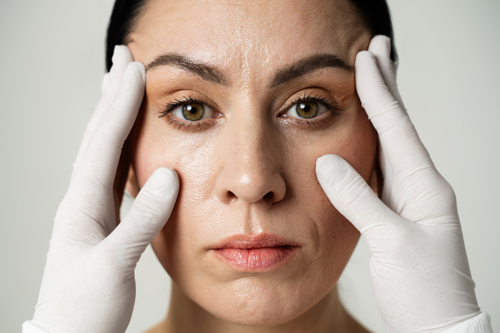 Close-up of a woman's face with a neutral expression, being gently touched on the temples and cheeks by hands wearing white medical gloves, suggesting a dermatological or cosmetic procedure.