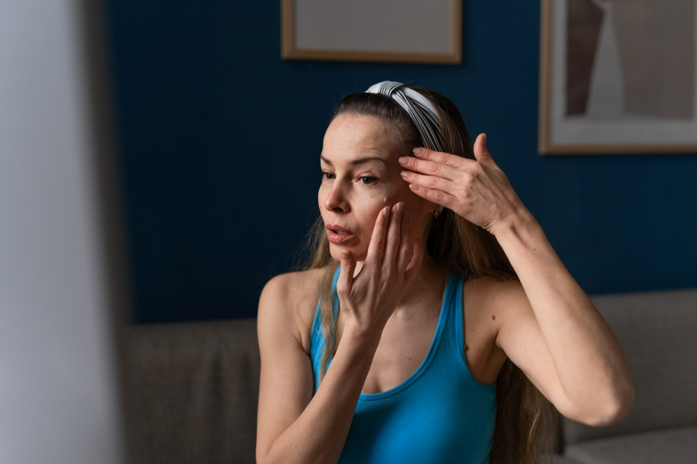 A woman in a blue tank top and headband looks into a mirror while gently touching and examining the skin on her face.